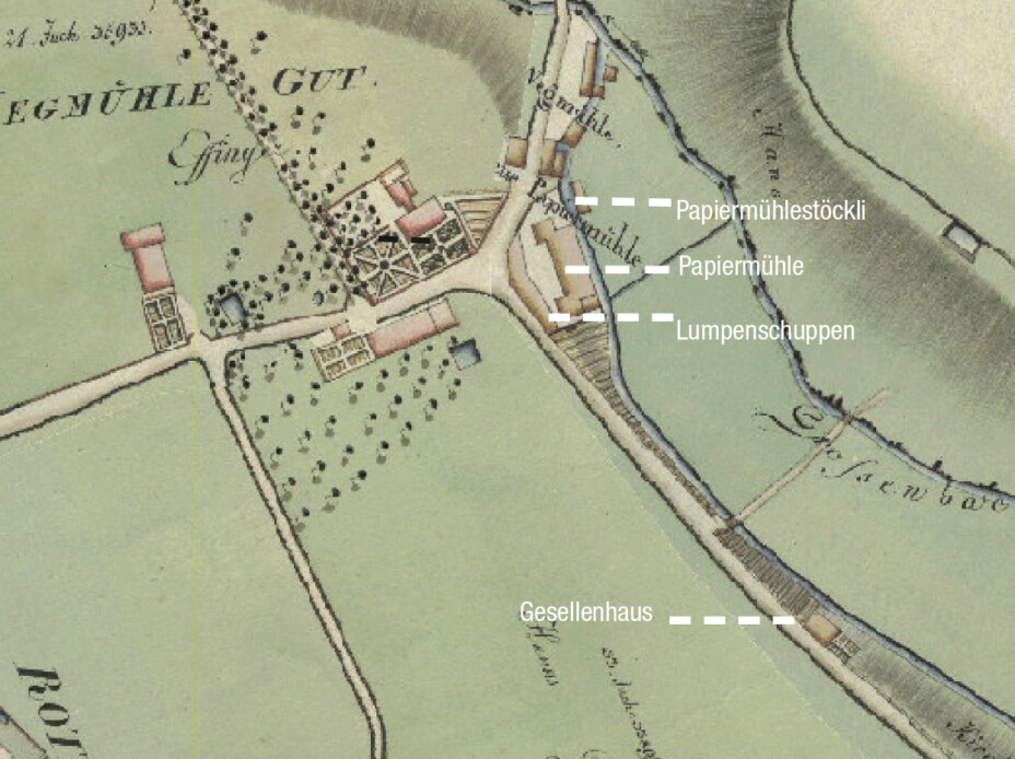 Mülleratlas 1797/98: Wegmühlegut und die Bauten der Papiermühle. Das eisenarme Wasser der Worble eignete sich gut für die Papierherstellung. (Familienarchiv Reinhard)