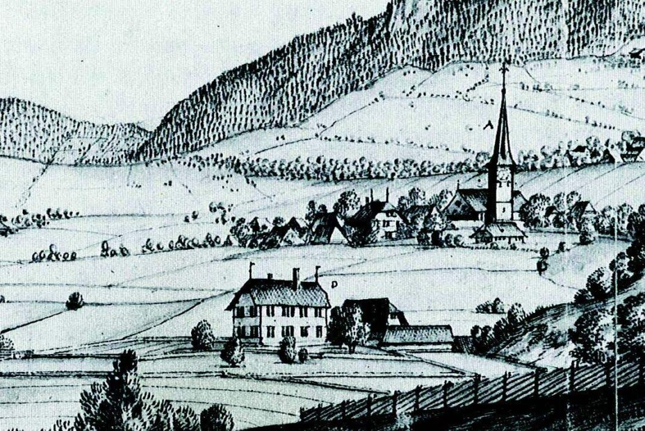 Zeichnung von 1671: die Wegmühle im Vordergrund,  Bolligen im Hintergrund – links Herrenhaus, rechts Lehenhaus. (Historisches Museum Bern)